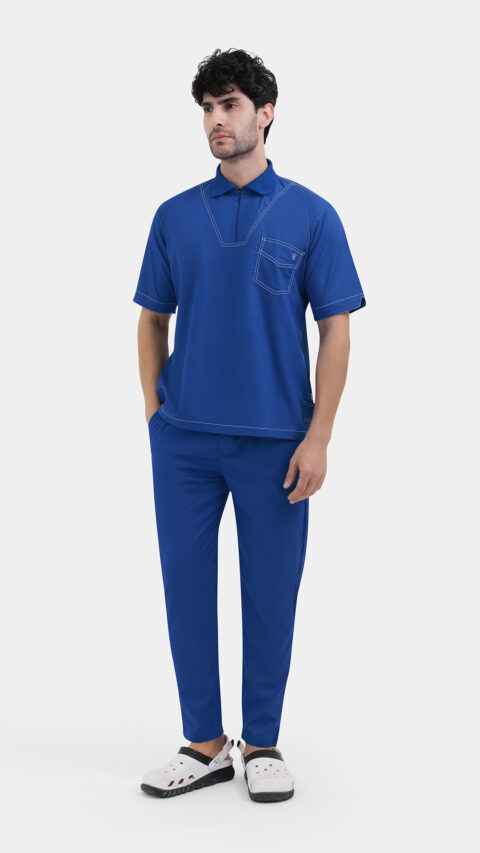 طقم سكرب - أزرق ملكي بخياطة بيضاء